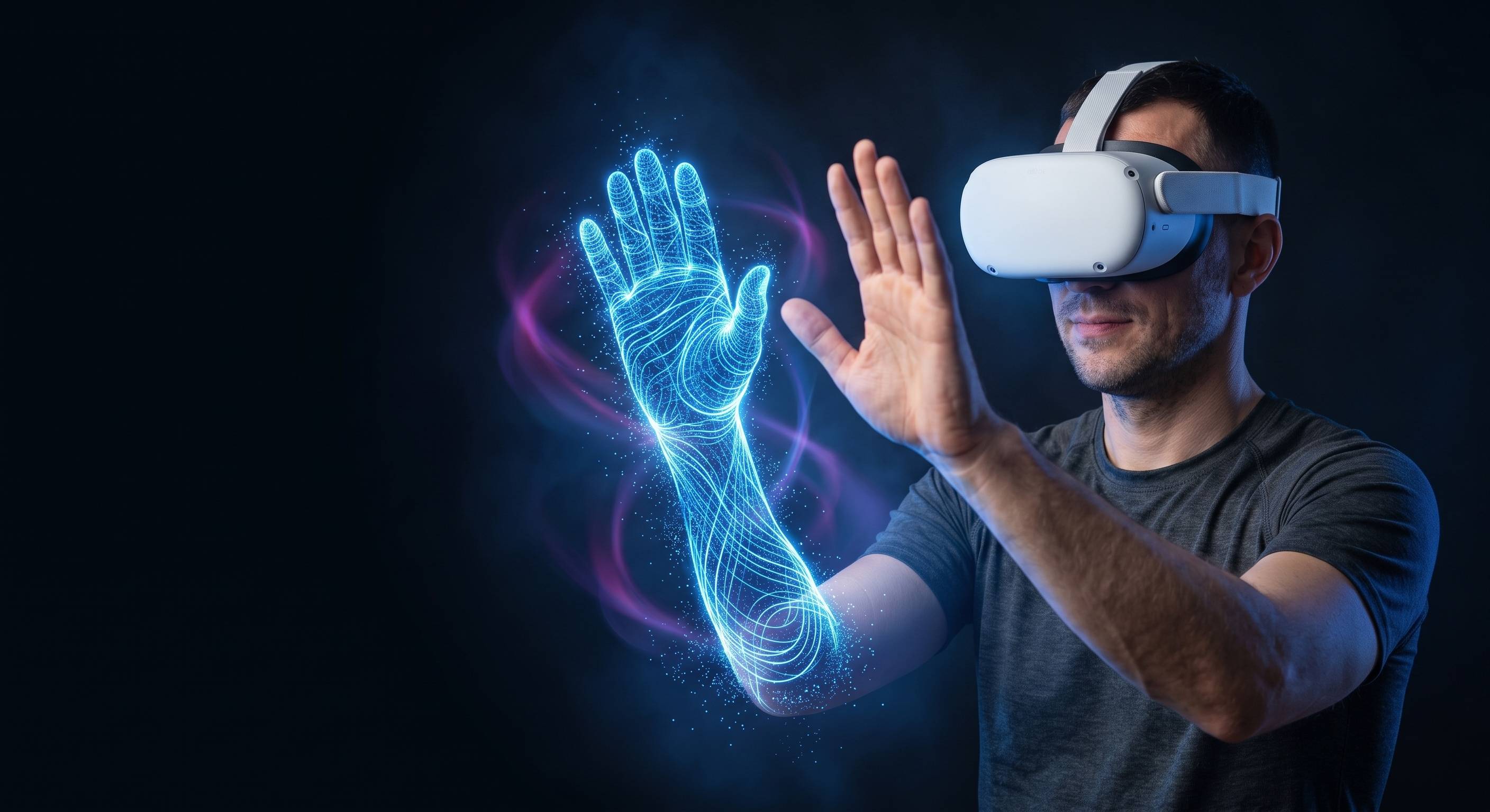 A man in a VR headset raises his hand; a glowing virtual hand made of light lines mirrors the movement.