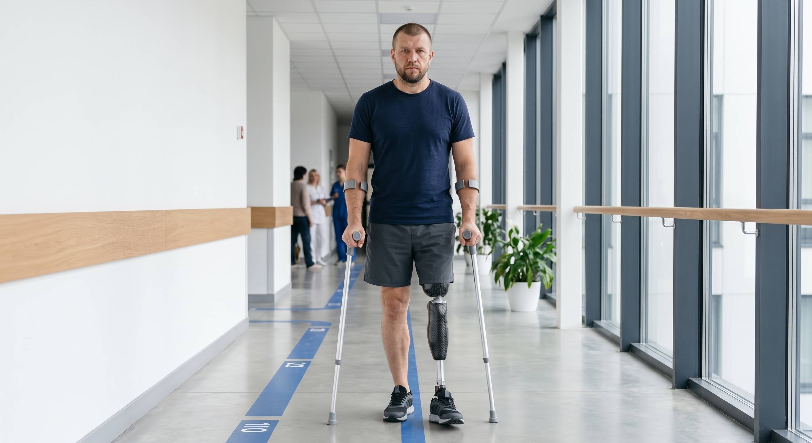 A man with a lower-leg prosthesis walks with crutches along a bright rehabilitation corridor.