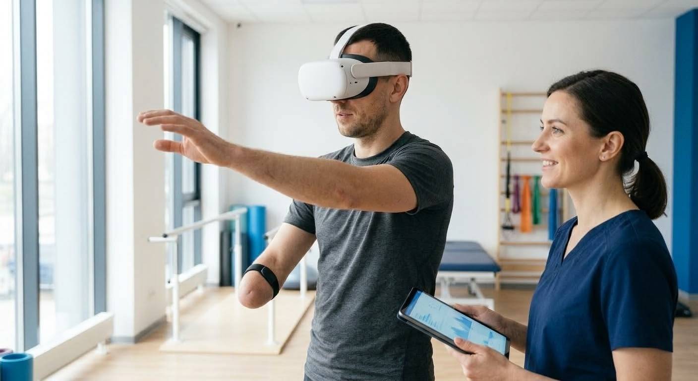 A patient in a VR headset reaches forward at a clinic while a therapist follows the session on a tablet.