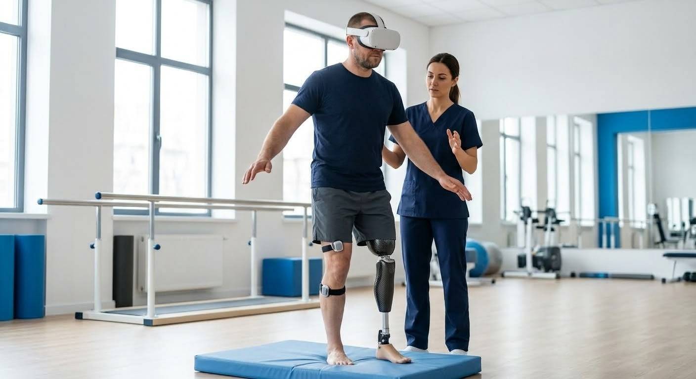 A patient with a leg prosthesis practises balance in a VR headset with a therapist's support.