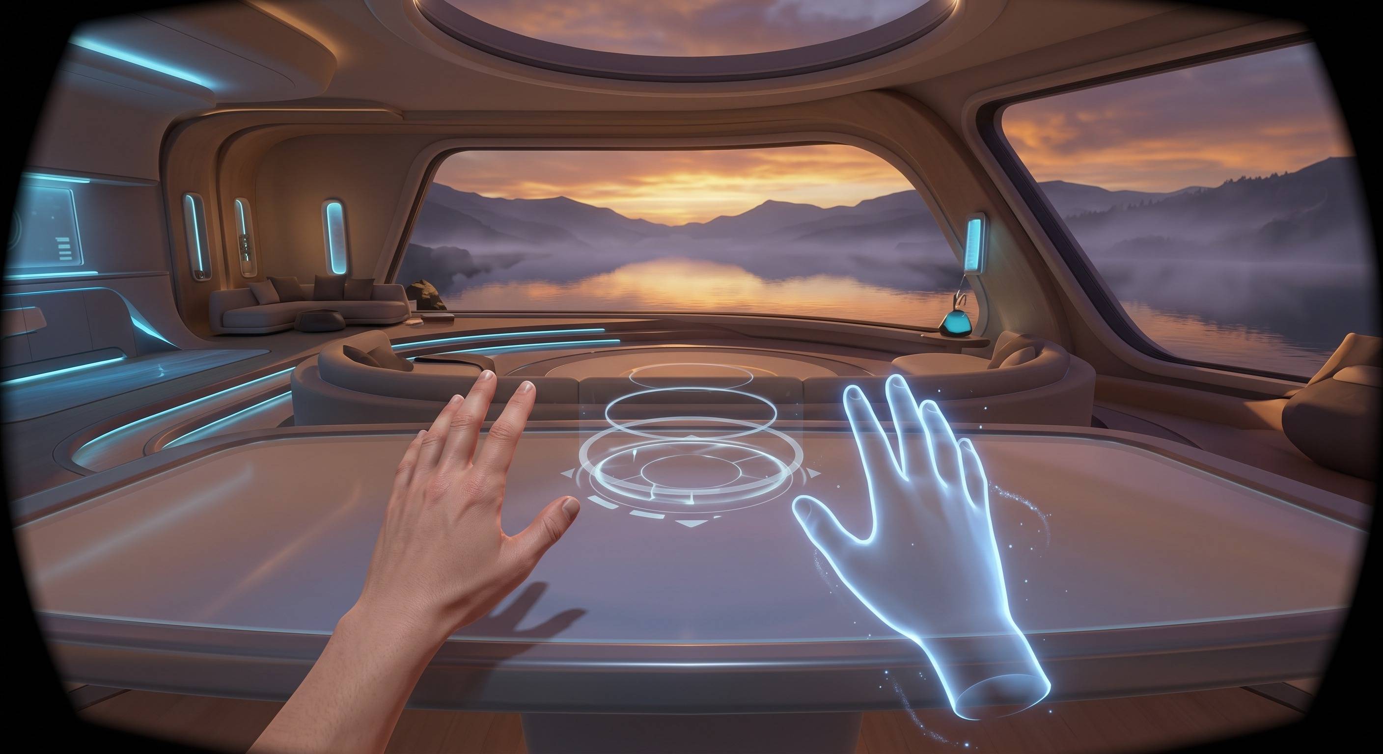 VR view: the patient's real hand and a glowing virtual hand mirror each other above a table.