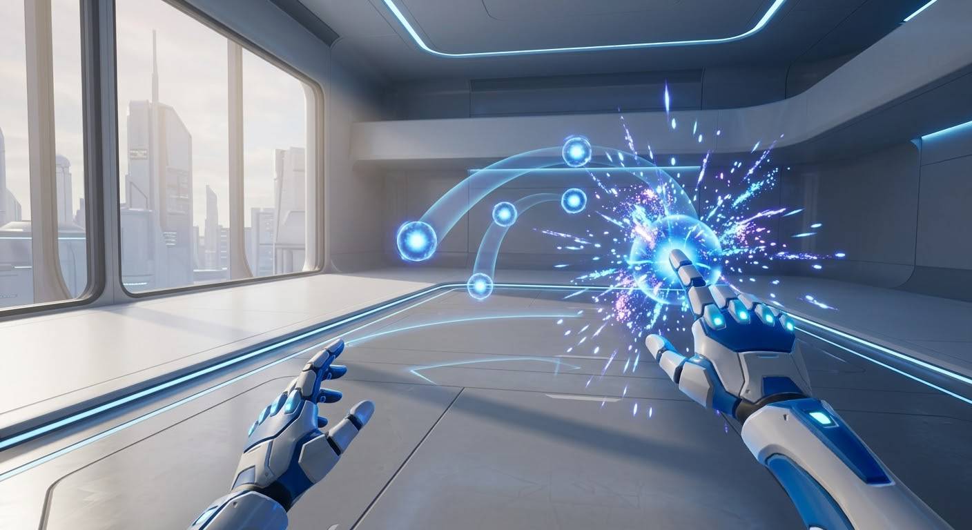 VR view: virtual hands reach for glowing targets in a bright room.