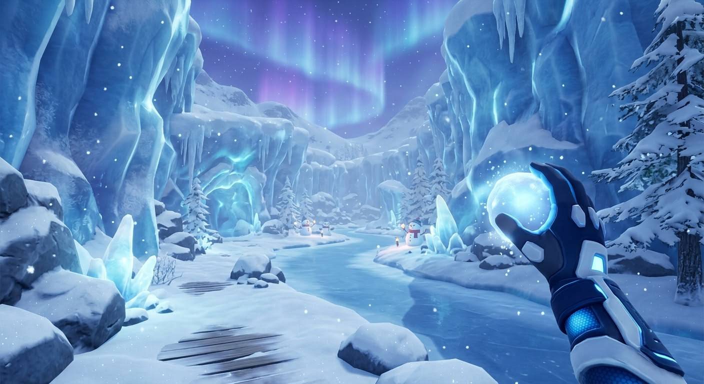 VR view: a snowy landscape under the northern lights; a virtual hand holds a glowing orb.