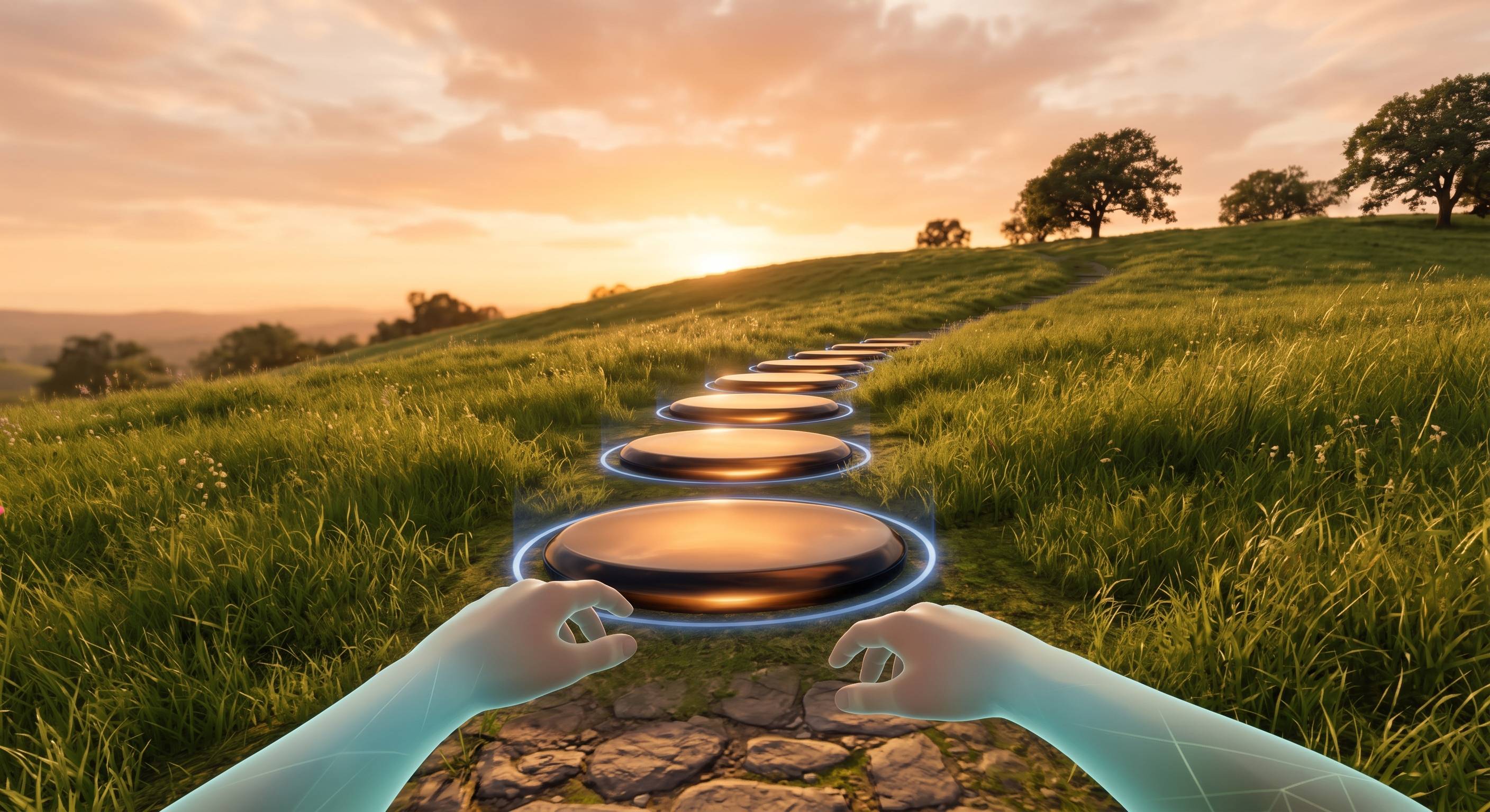 VR view: glowing stepping discs lead across a sunset meadow.