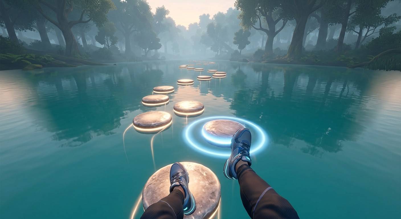 VR view: the patient's feet step along glowing stones across a calm lake.