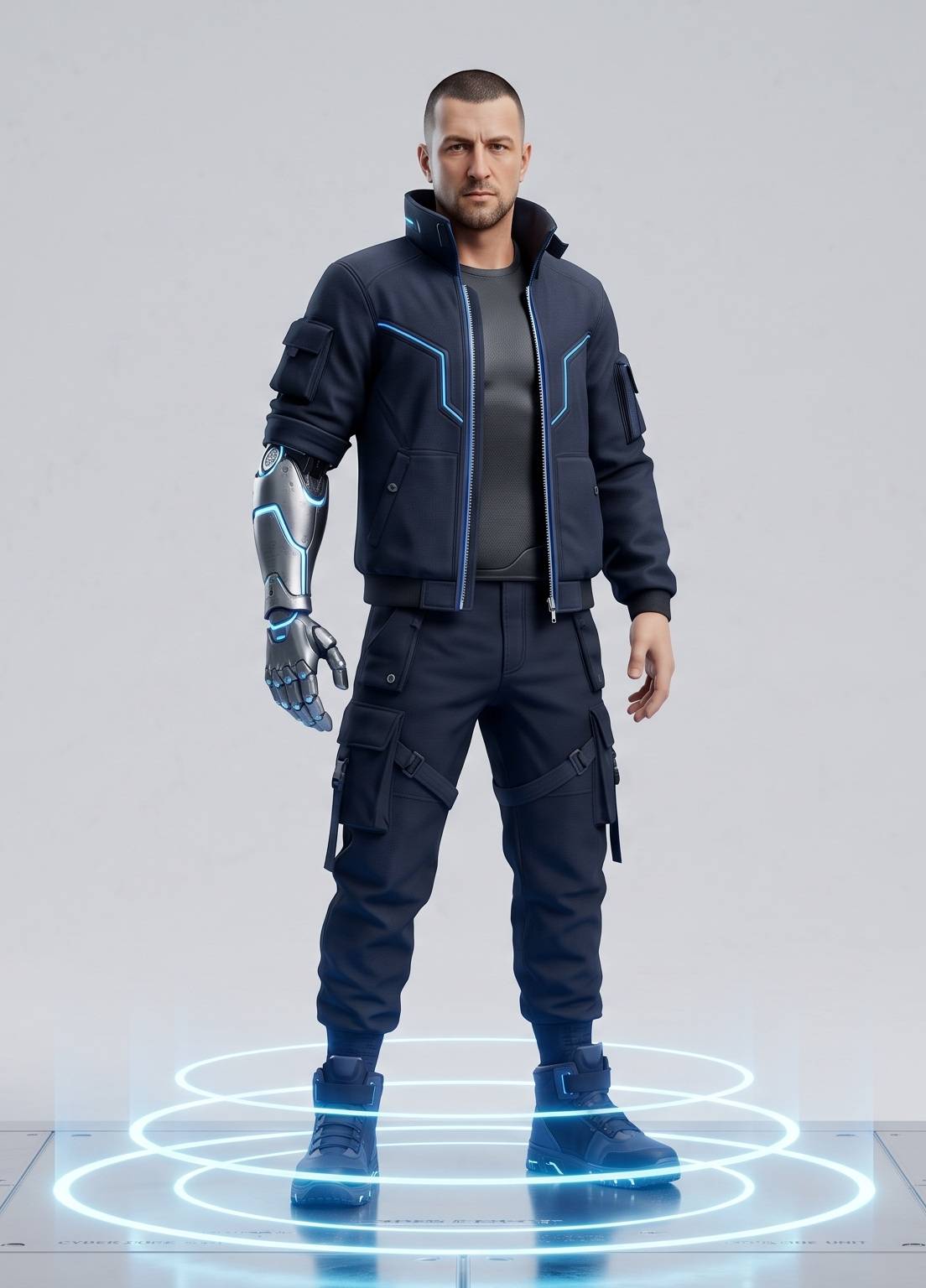A 3D avatar of a patient with a prosthetic arm, standing in a ring of light.