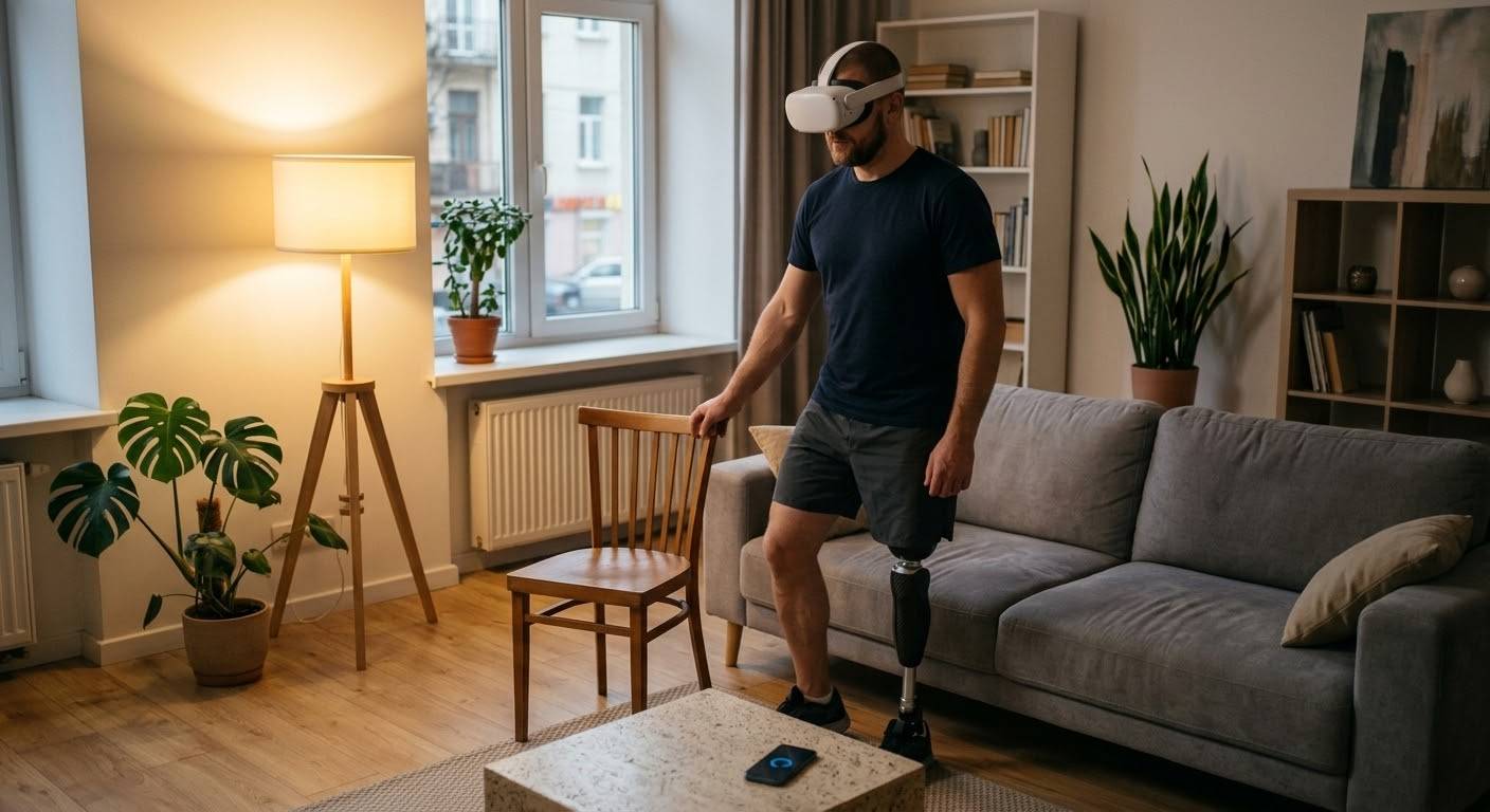 A man with a leg prosthesis trains with a VR headset in his living room.