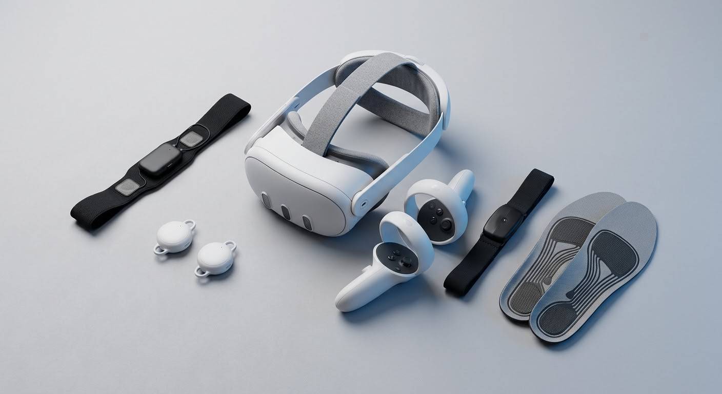 A Meta Quest headset with controllers, wearable sensor straps and pressure insoles.